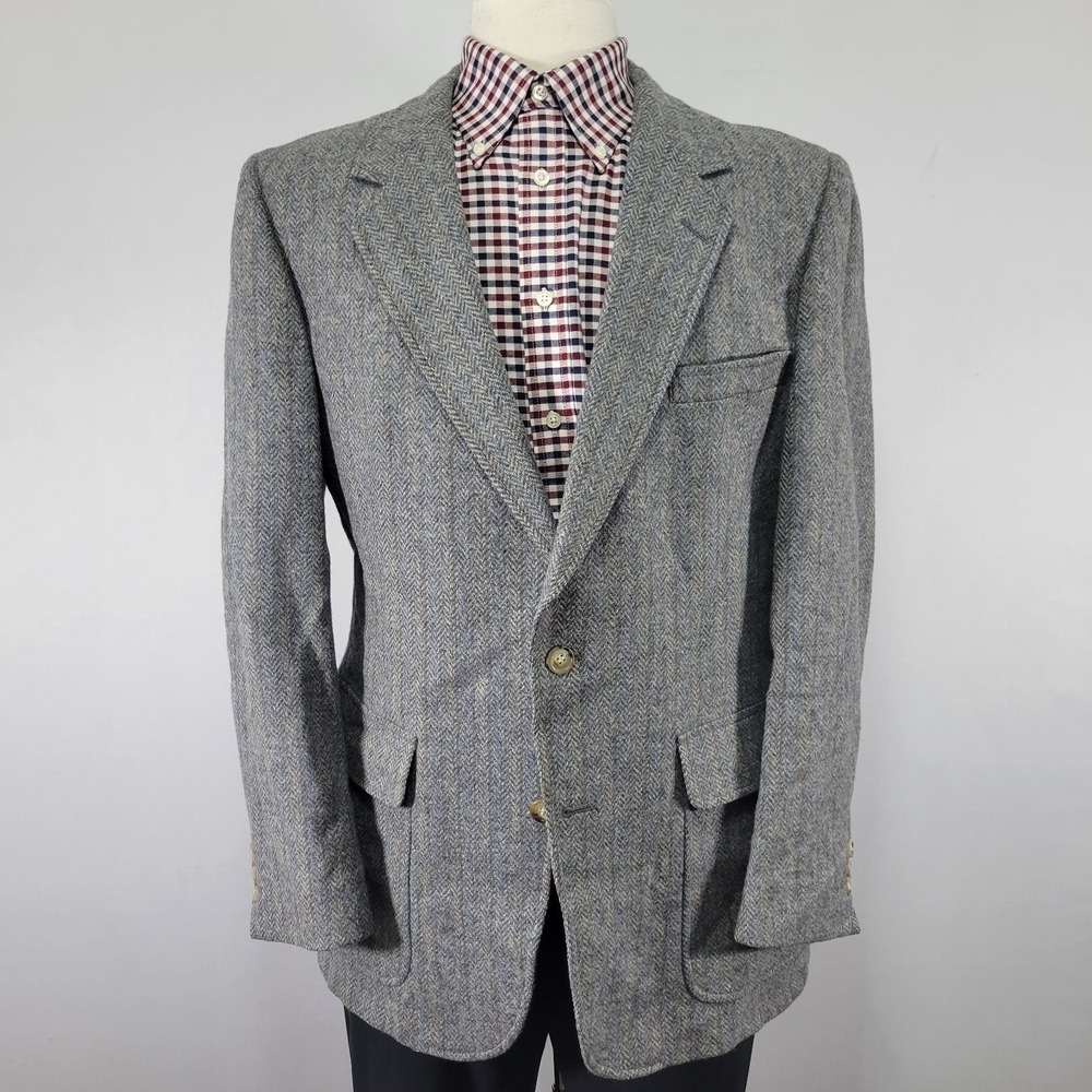 Men's Tweed Style Sport Coat Blazer Two Button Gray Herringbone Wool About 42R